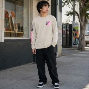 Popeye the Sailor Man Graphic Long Sleeve Shirt Mens Medium Beige Japanese Kanji